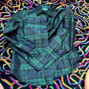 Polo Ralph Lauren 100% Silk Plaid Shirt green blue STUNNING clean